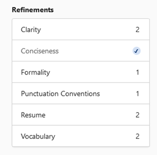 Refinements menu in Word